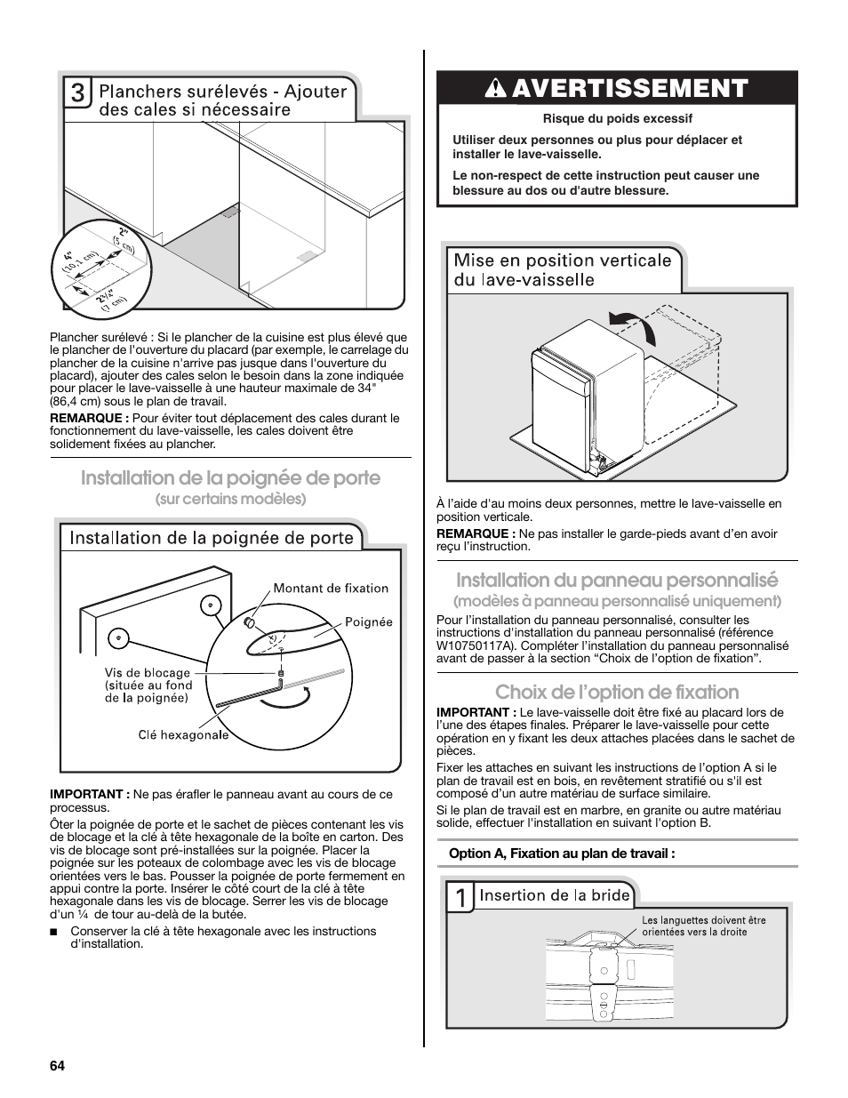 Avertissement, Installation de la poignée de porte, Installation du panneau personnalisé | Choix de l’option de fixation | Maytag MDB8979SEZ User Manual | Page 64 / 76