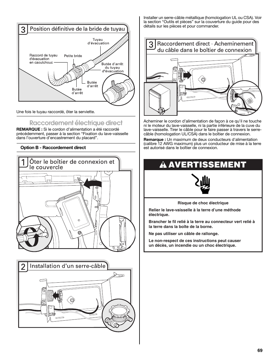 Avertissement, Raccordement électrique direct | Maytag MDB8979SEZ User Manual | Page 69 / 76