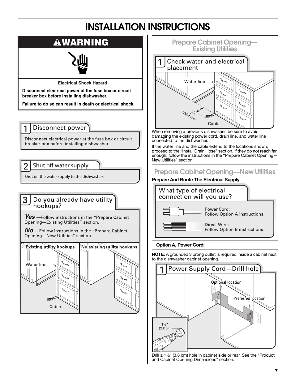 Installation instructions, Warning, Prepare cabinet opening— existing utilities | Prepare cabinet opening—new utilities | Maytag MDB8979SEZ User Manual | Page 7 / 76