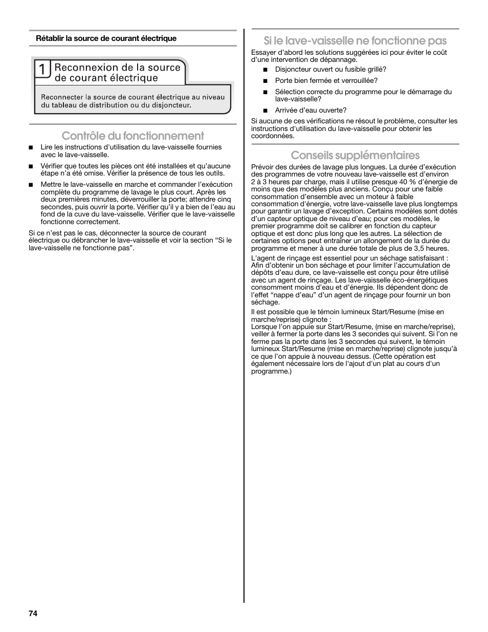 Contrôle du fonctionnement, Si le lave-vaisselle ne fonctionne pas, Conseils supplémentaires | Maytag MDB8979SEZ User Manual | Page 74 / 76