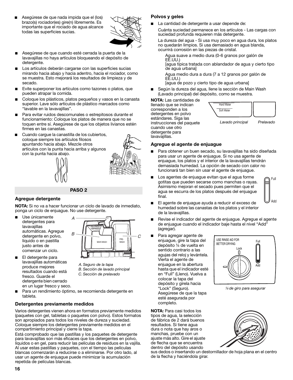 Agregue detergente, Detergentes previamente medidos, Polvos y geles | Agregue el agente de enjuague, Paso 2 | Maytag MDB8969SDM User Manual | Page 16 / 42