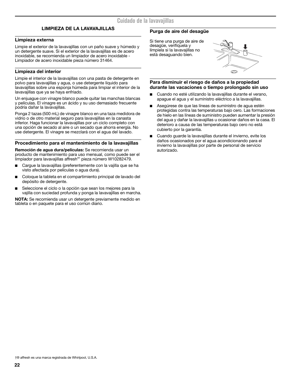 Cuidado de la lavavajillas | Maytag MDB8969SDM User Manual | Page 22 / 42