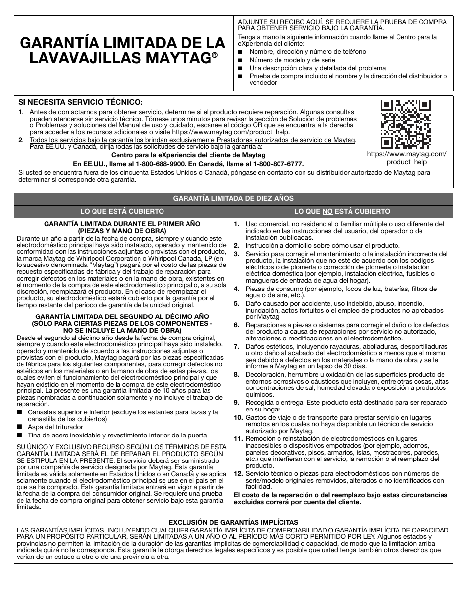 Garantía limitada de la lavavajillas maytag | Maytag MDB8969SDM User Manual | Page 26 / 42