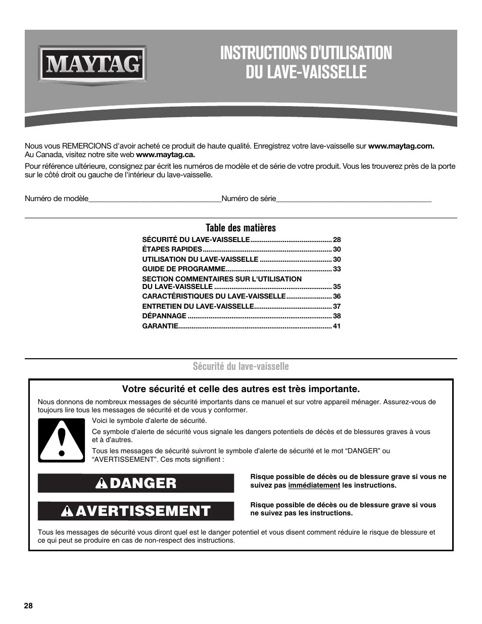 Instructions d'utilisation du lave-vaisselle, Avertissement danger | Maytag MDB8969SDM User Manual | Page 28 / 42