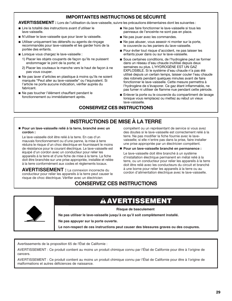 Avertissement, Importantes instructions de sécurité, Conservez ces instructions | Maytag MDB8969SDM User Manual | Page 29 / 42
