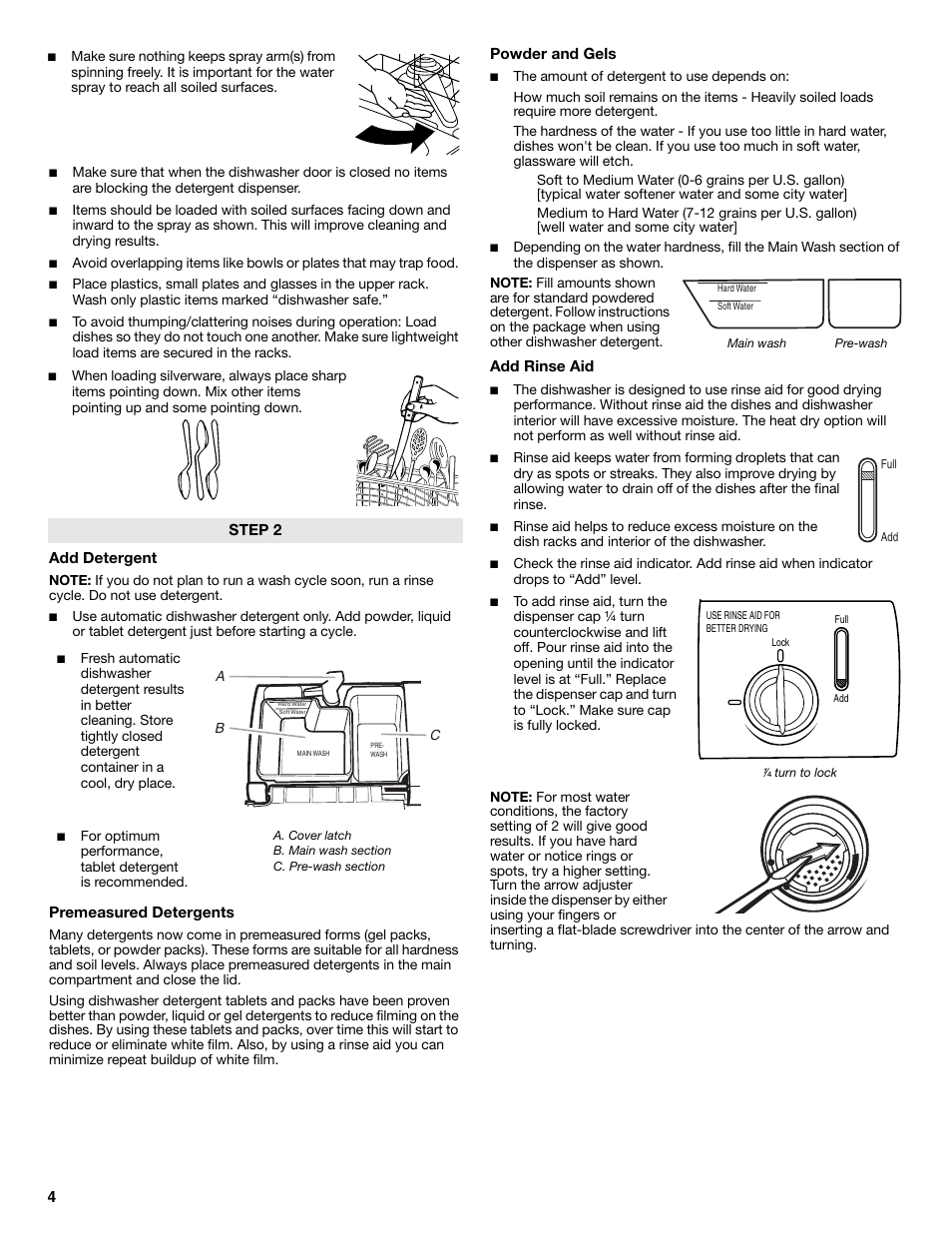 Add detergent, Premeasured detergents, Powder and gels | Add rinse aid, Step 2 | Maytag MDB8969SDM User Manual | Page 4 / 42