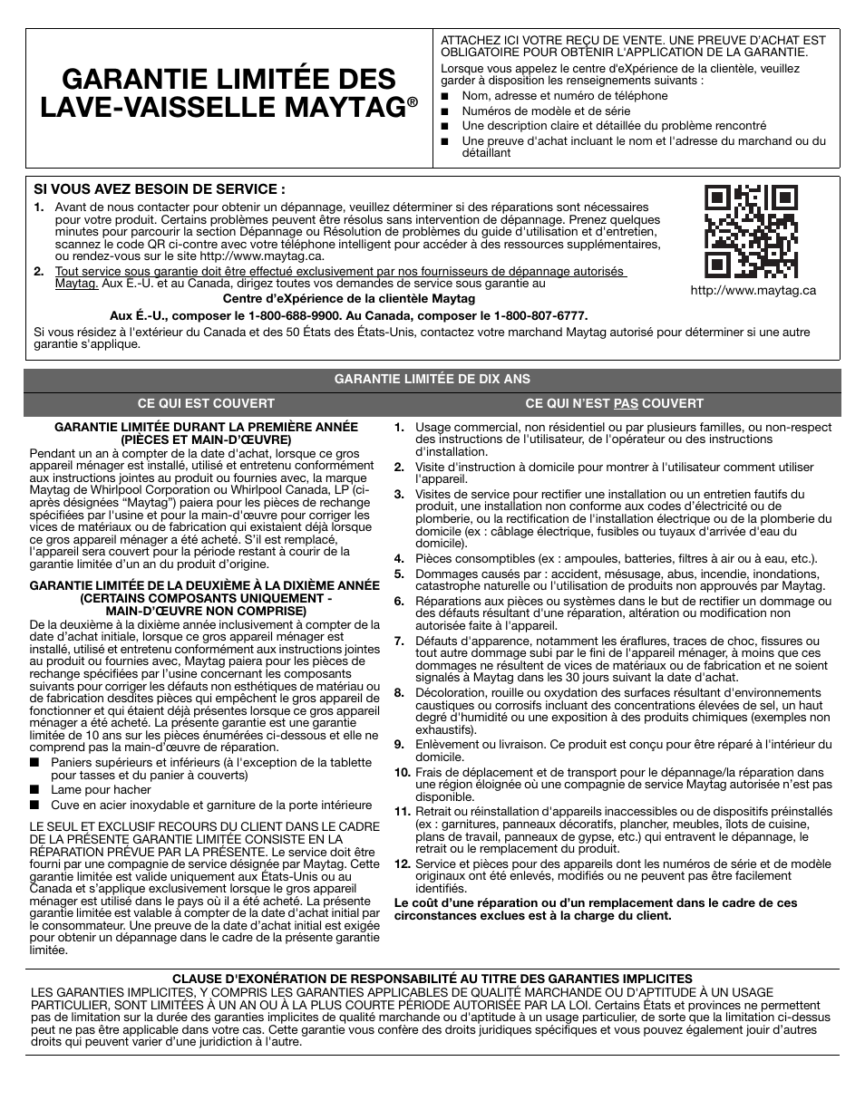 Garantie limitée des lave-vaisselle maytag | Maytag MDB8969SDM User Manual | Page 41 / 42