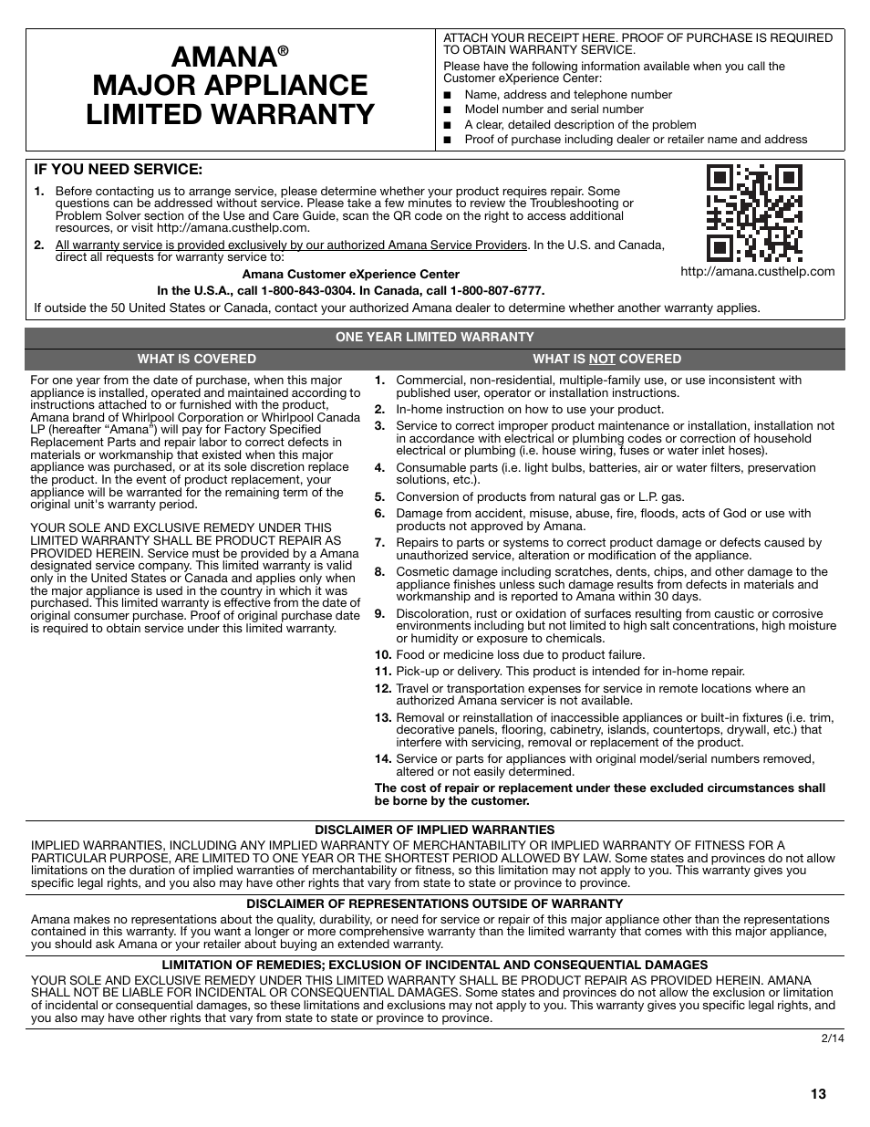 Amana, Major appliance limited warranty | Maytag ADB1700ADB User Manual | Page 13 / 42