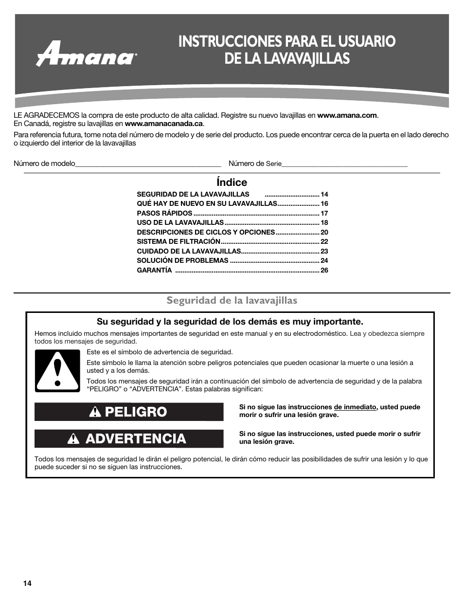 Instrucciones para el usuario de la lavavajillas, Advertencia peligro, Seguridad de la lavavajillas | Índice | Maytag ADB1700ADB User Manual | Page 14 / 42