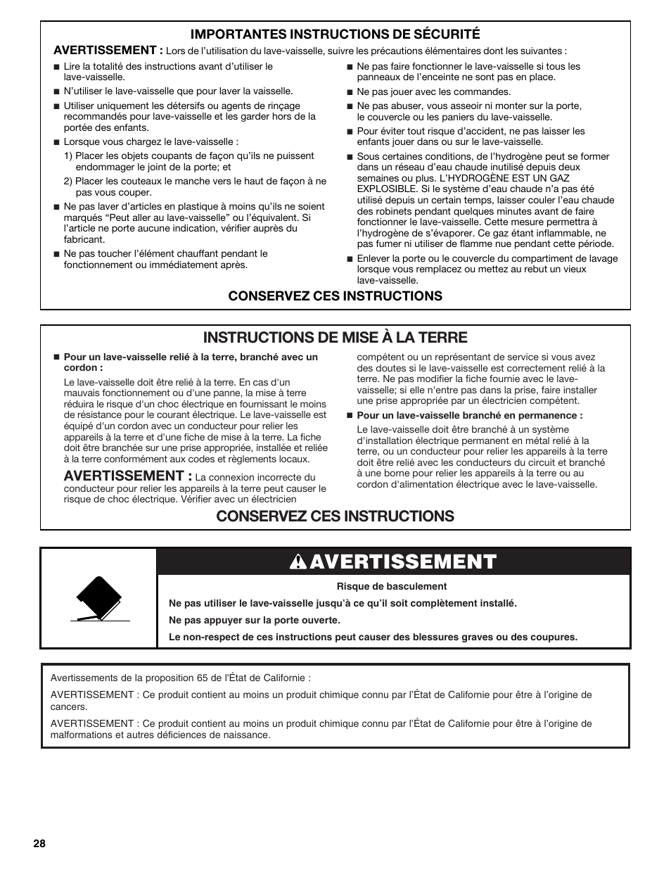 Avertissement, Importantes instructions de sécurité, Conservez ces instructions | Maytag ADB1700ADB User Manual | Page 28 / 42