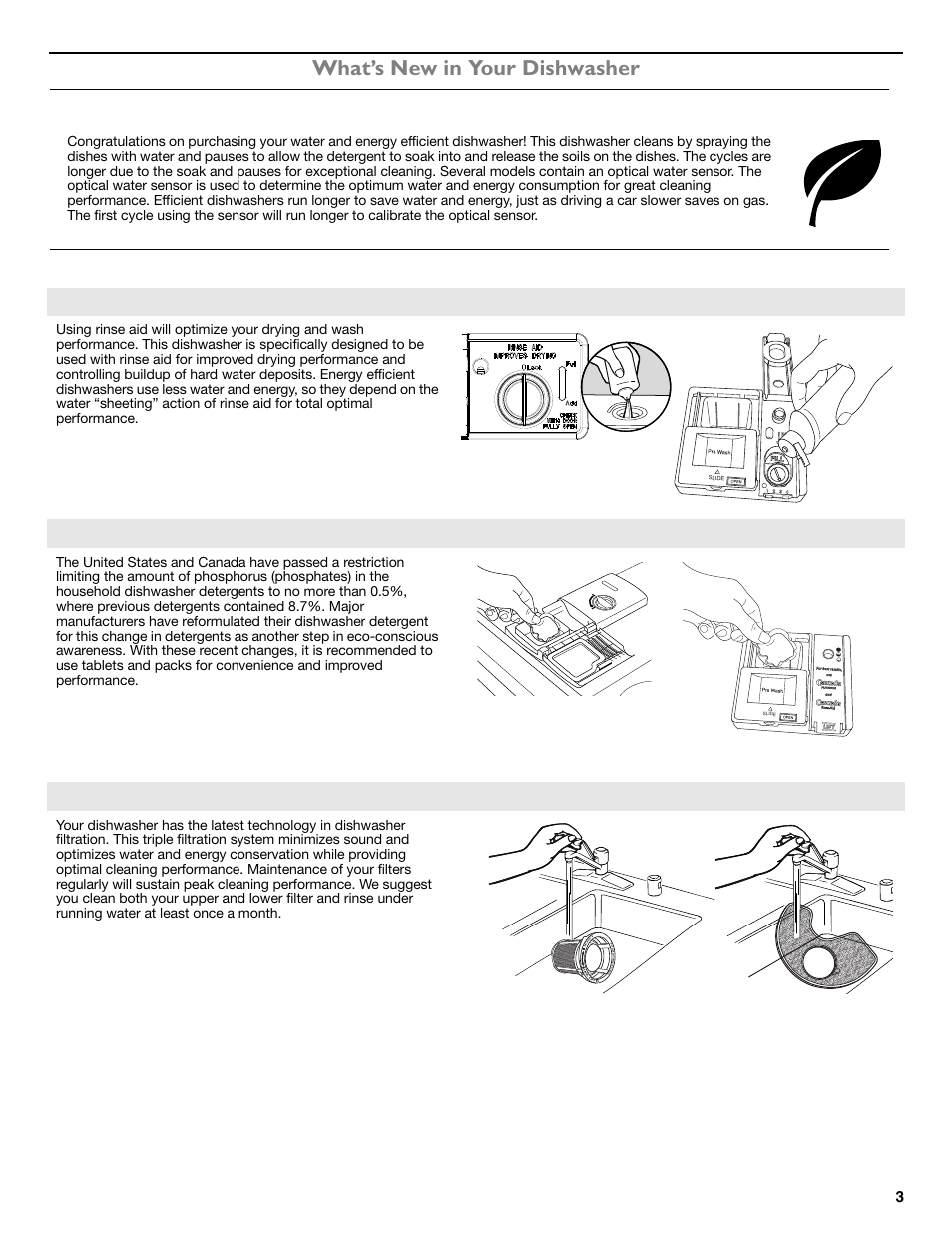 What’s new in your dishwasher energy performance, Rinse aid (dispenser varies by model), Detergent (dispenser varies by model) | Filtration system | Maytag ADB1700ADB User Manual | Page 3 / 42