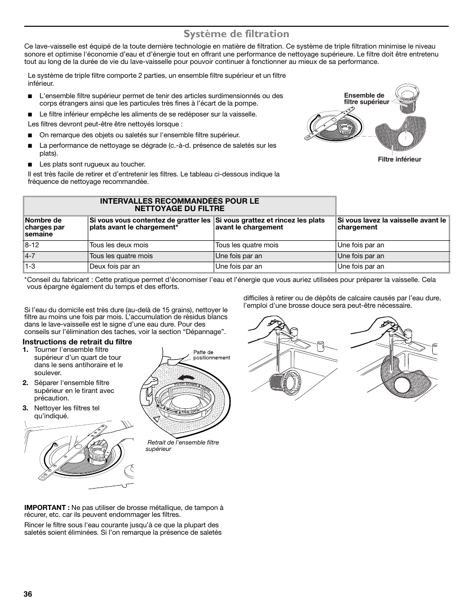 Système de filtration, Eau très dure, Instructions de nettoyage | Instructions de retrait du filtre, Ensemble de filtre supérieur filtre inférieur | Maytag ADB1700ADB User Manual | Page 36 / 42