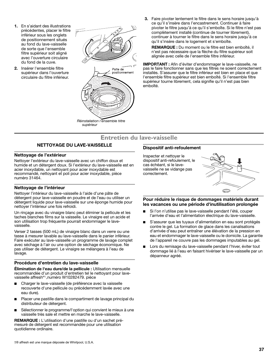 Entretien du lave-vaisselle, Nettoyage de l’intérieur, Procédure d'entretien du lave-vaisselle | Instructions de réinstallation du filtre | Maytag ADB1700ADB User Manual | Page 37 / 42