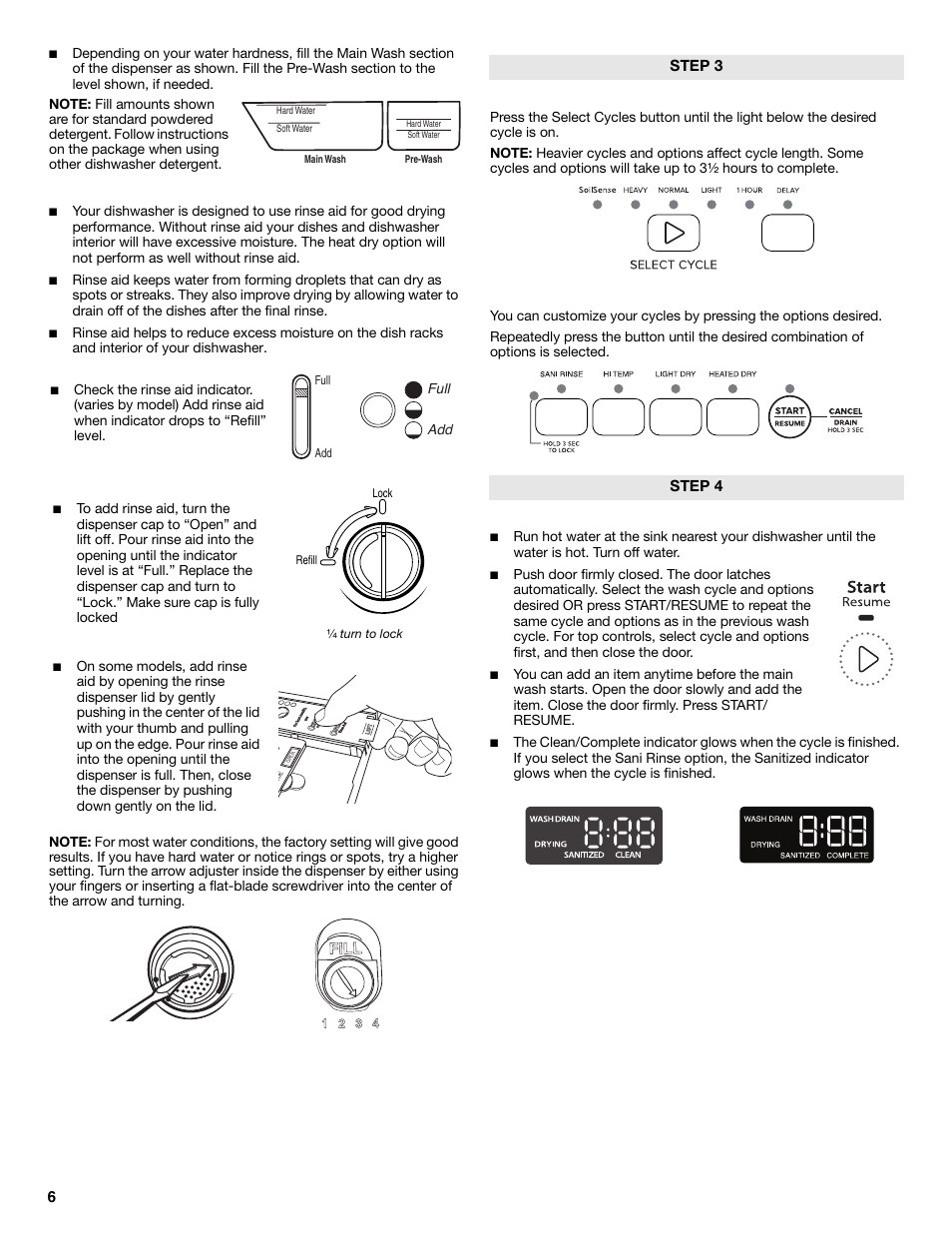 Untitled, Add rinse aid (dispenser varies by model), Select a cycle (cycles vary by model) | Select options (options vary by model), Start or resume a cycle, Step 3 step 4, Full add | Maytag ADB1700ADB User Manual | Page 6 / 42