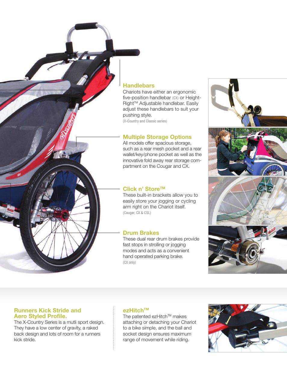 Drum brakes, Handlebars, Click n’ store | Multiple storage options, Ezhitch, Runners kick stride and aero styled profile | Chariot Carriers Chariot 2008 User Manual | Page 9 / 40