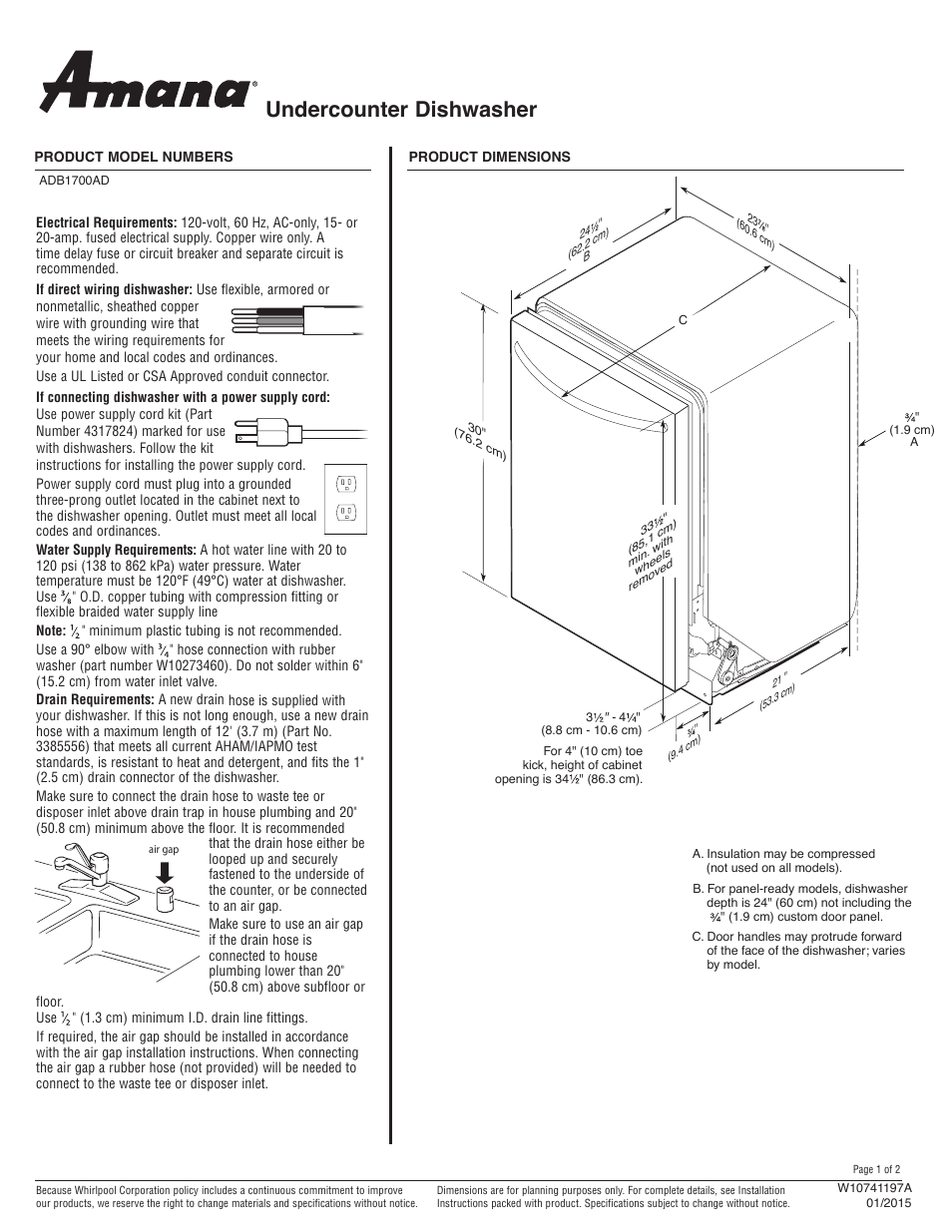 Maytag ADB1700ADB Dimension Guide User Manual | 2 pages