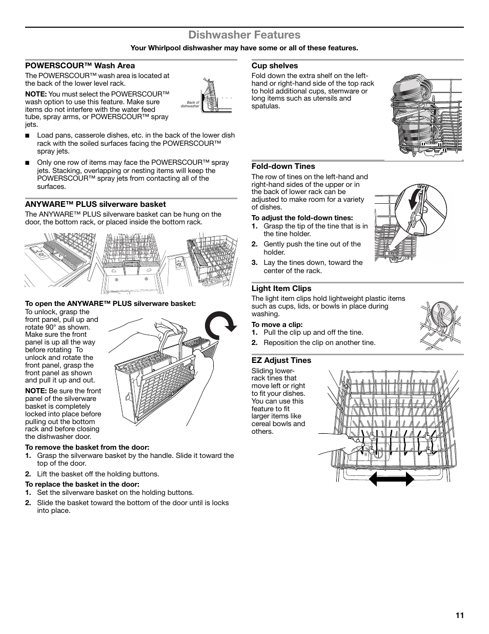 Dishwasher features | Whirlpool W10596244B User Manual | Page 11 / 56