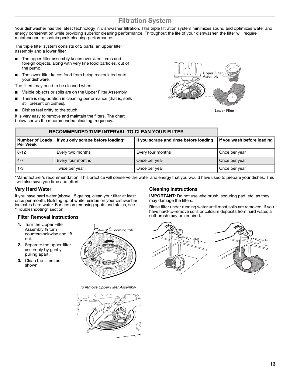 Filtration system, Very hard water, Cleaning instructions | Recommended time interval to clean your filter, Filter removal instructions | Whirlpool W10596244B User Manual | Page 13 / 56