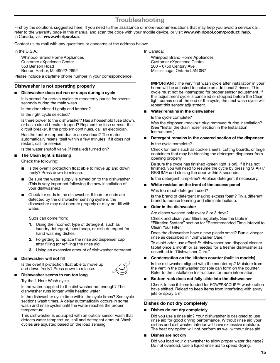 Troubleshooting | Whirlpool W10596244B User Manual | Page 15 / 56