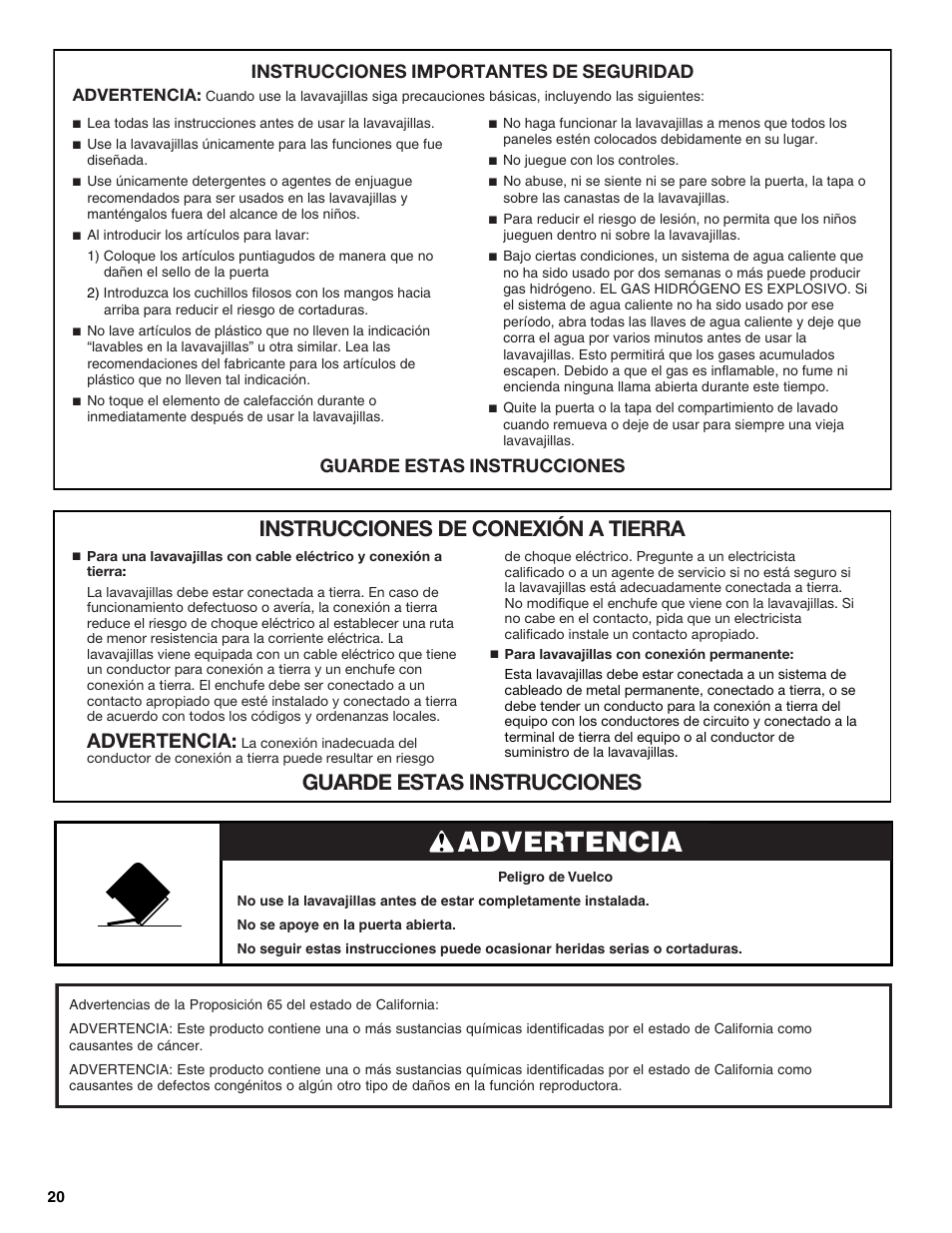 Advertencia, Instrucciones importantes de seguridad, Guarde estas instrucciones | Whirlpool W10596244B User Manual | Page 20 / 56