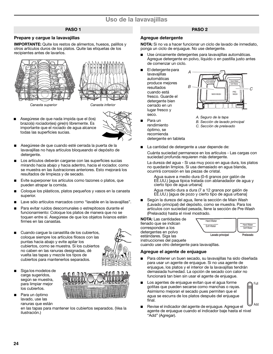 Uso de la lavavajillas | Whirlpool W10596244B User Manual | Page 24 / 56