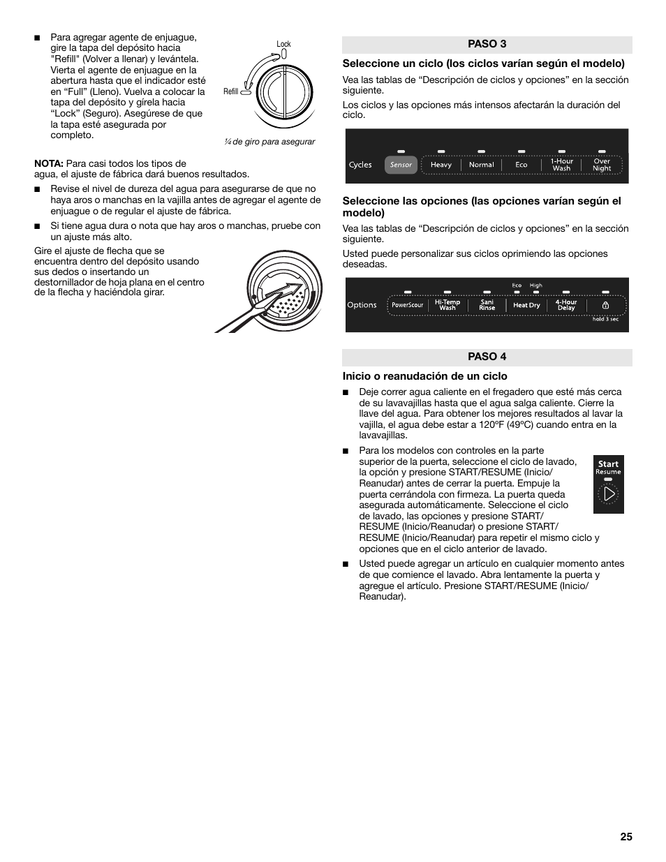 Inicio o reanudación de un ciclo, Paso 3 paso 4, De giro para asegurar lock refill | Whirlpool W10596244B User Manual | Page 25 / 56