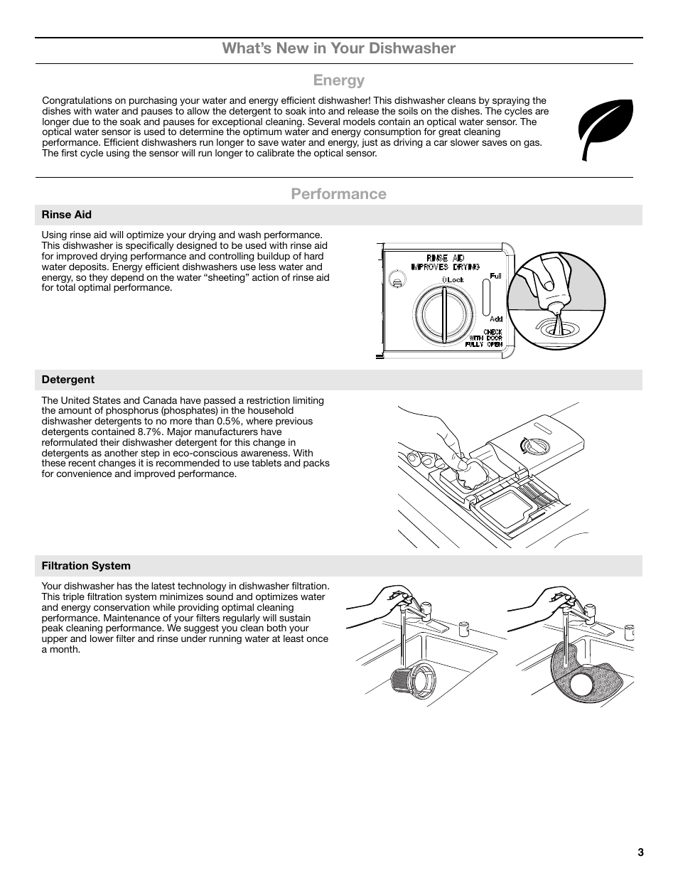 What’s new in your dishwasher energy performance, Rinse aid, Detergent | Filtration system | Whirlpool W10596244B User Manual | Page 3 / 56