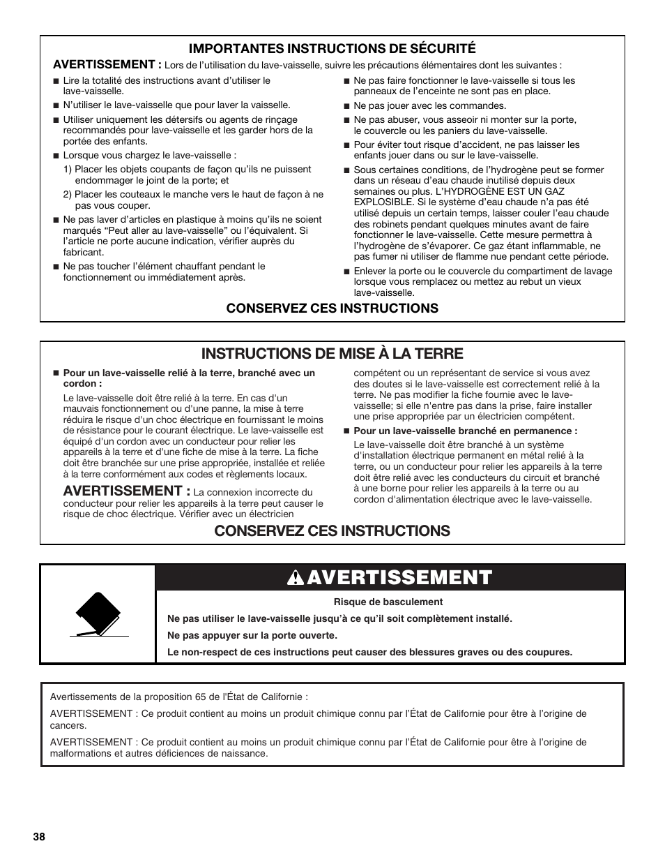 Avertissement, Importantes instructions de sécurité, Conservez ces instructions | Whirlpool W10596244B User Manual | Page 38 / 56