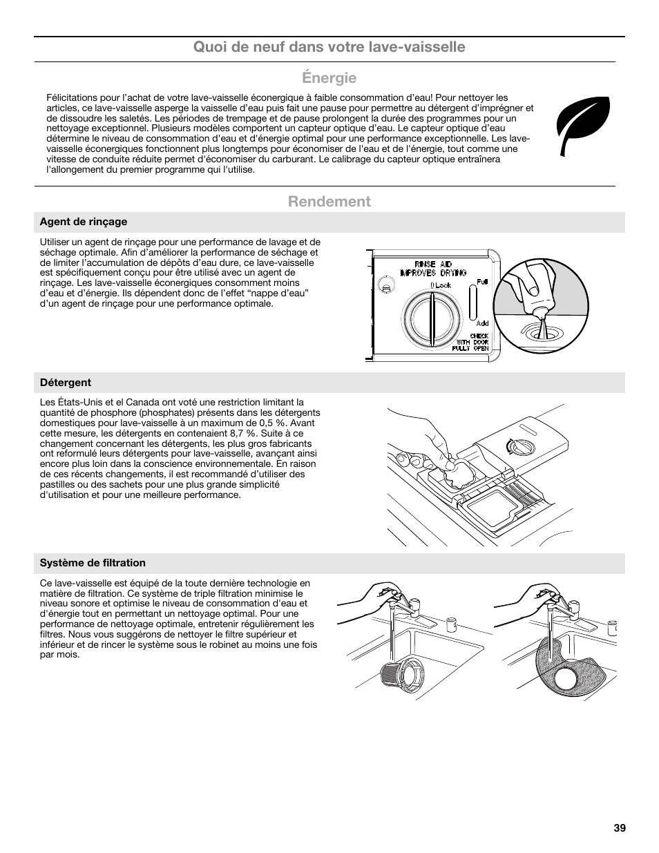 Agent de rinçage, Détergent, Système de filtration | Whirlpool W10596244B User Manual | Page 39 / 56