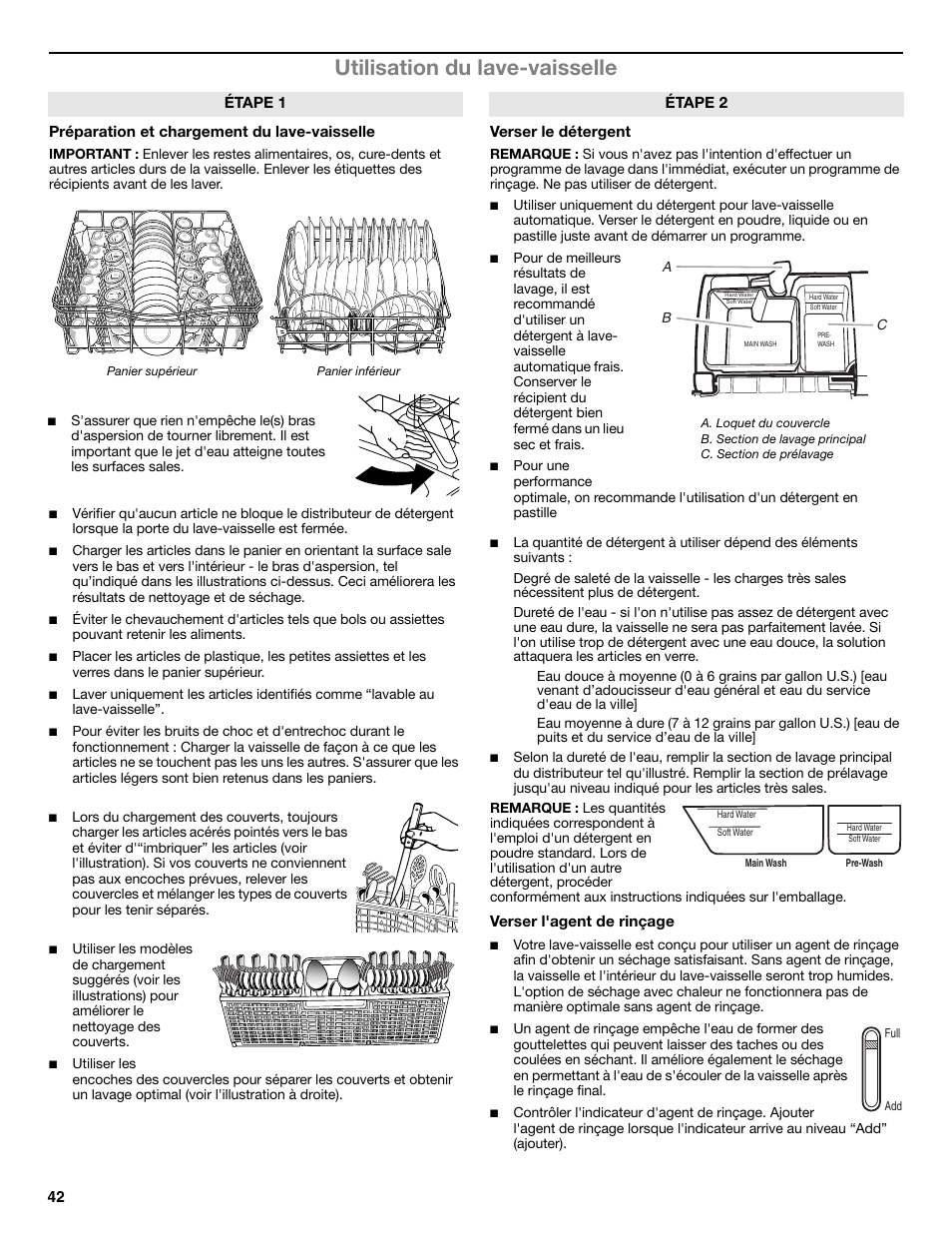 Utilisation du lave-vaisselle | Whirlpool W10596244B User Manual | Page 42 / 56