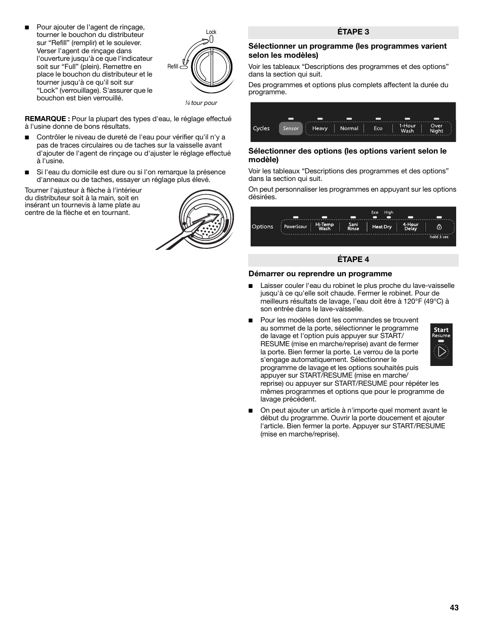 Démarrer ou reprendre un programme, Étape 3 étape 4, Tour pour lock refill | Whirlpool W10596244B User Manual | Page 43 / 56