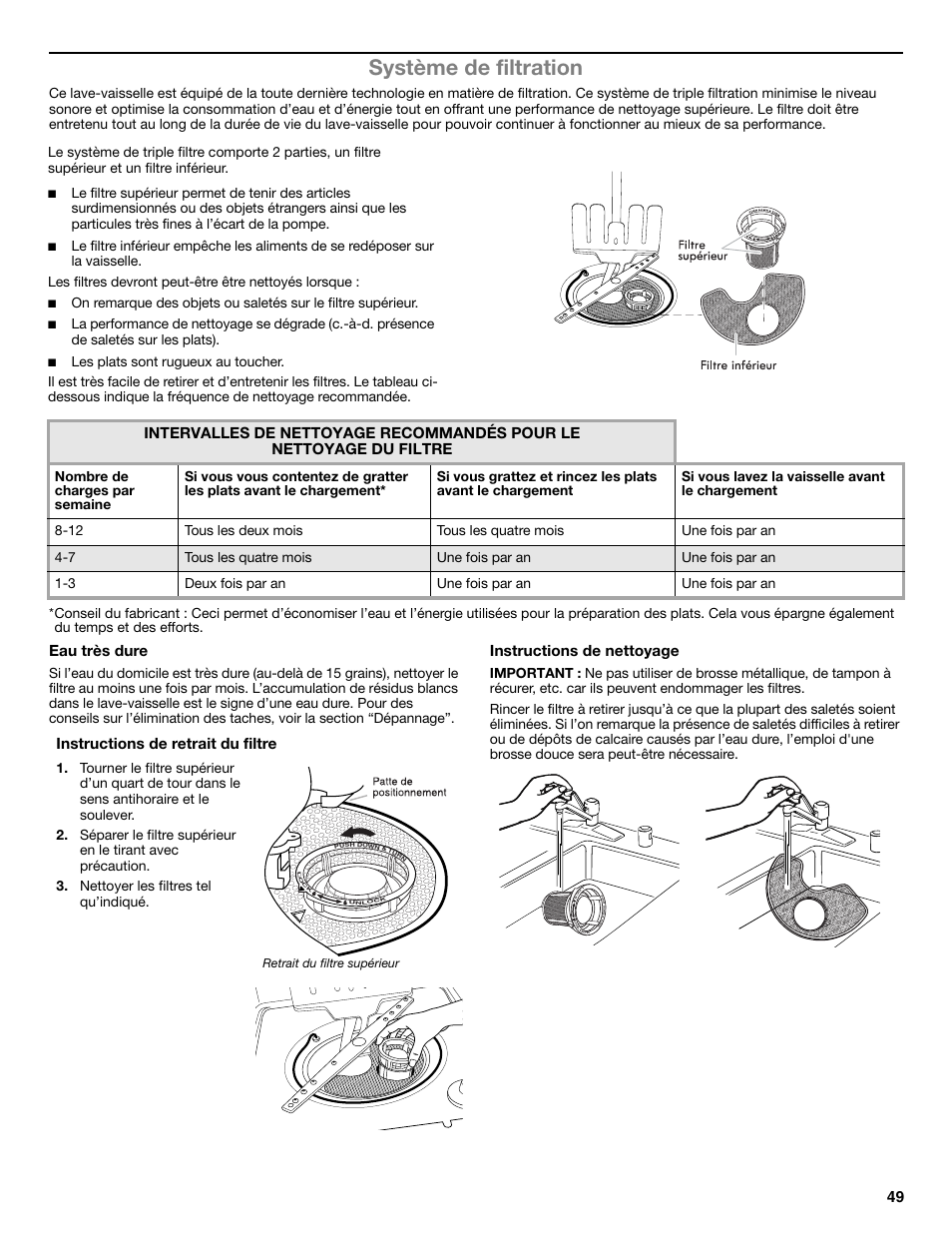 Système de filtration, Eau très dure, Instructions de nettoyage | Instructions de retrait du filtre | Whirlpool W10596244B User Manual | Page 49 / 56