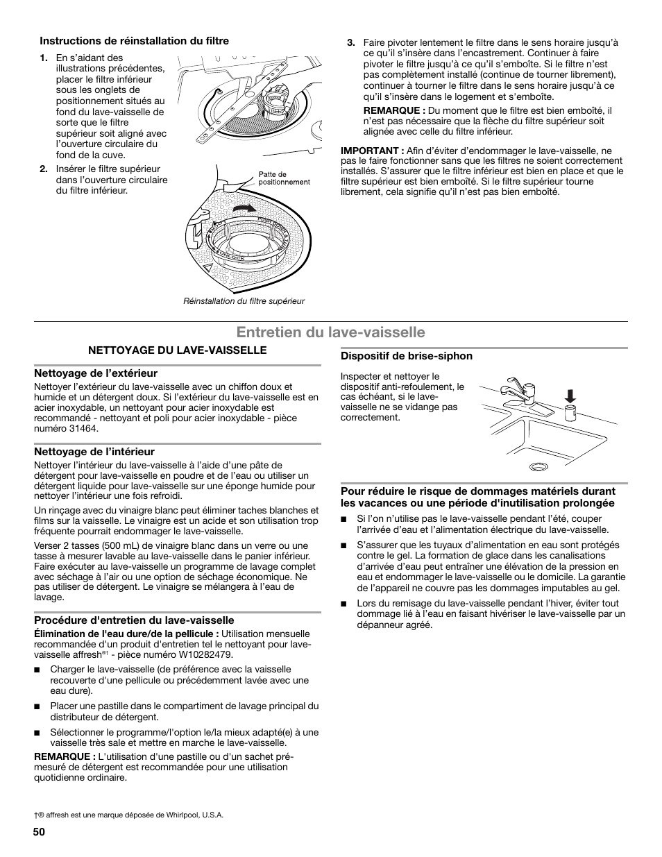 Entretien du lave-vaisselle, Nettoyage de l’intérieur, Procédure d'entretien du lave-vaisselle | Instructions de réinstallation du filtre | Whirlpool W10596244B User Manual | Page 50 / 56