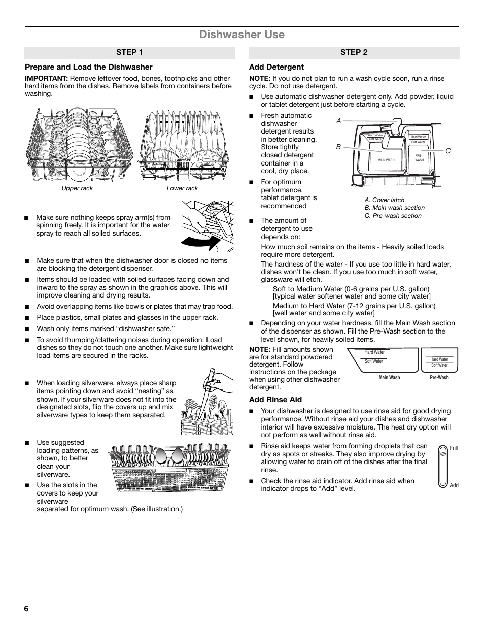 Dishwasher use | Whirlpool W10596244B User Manual | Page 6 / 56