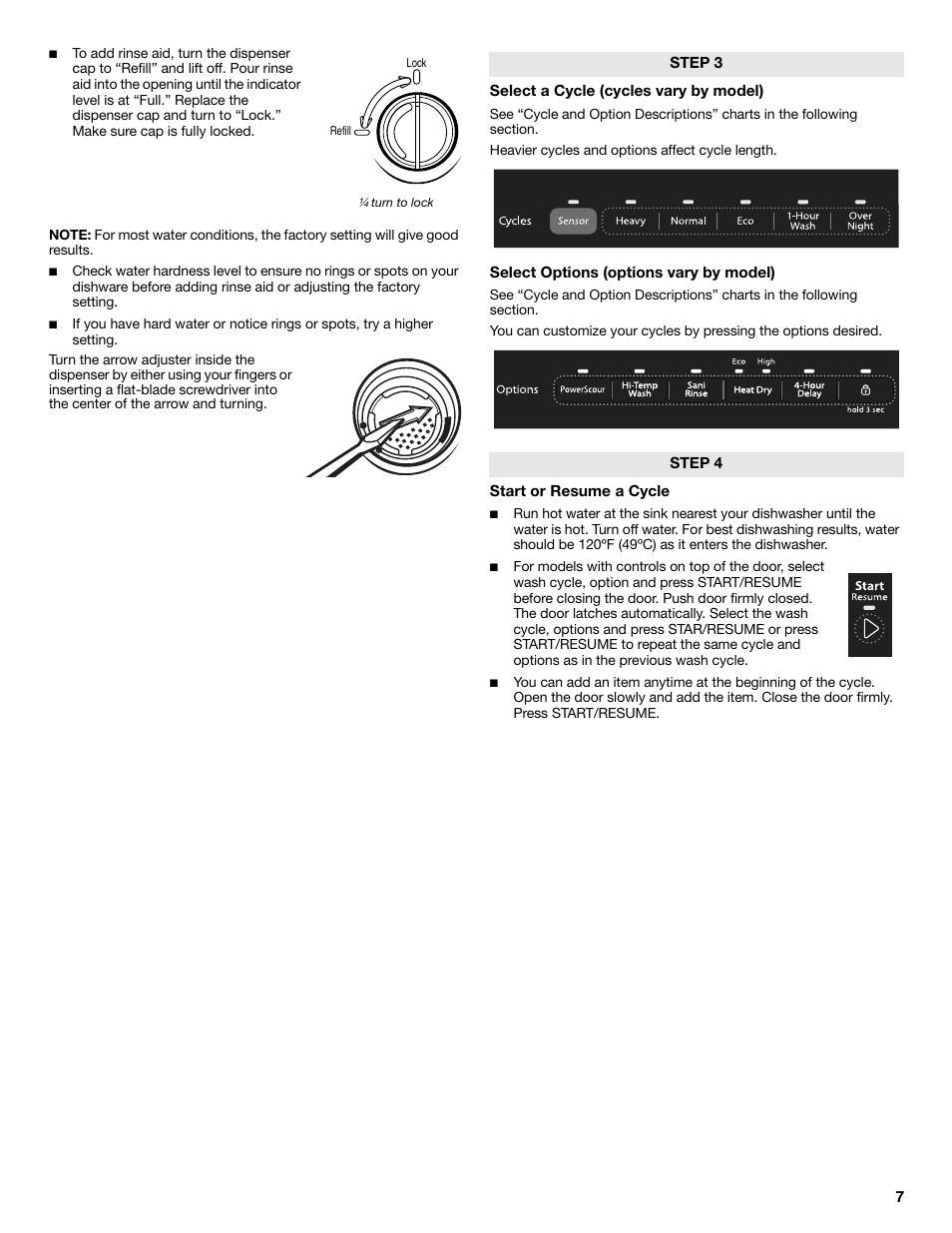 Select a cycle (cycles vary by model), Select options (options vary by model), Start or resume a cycle | Step 3 step 4, Turn to lock lock refill | Whirlpool W10596244B User Manual | Page 7 / 56