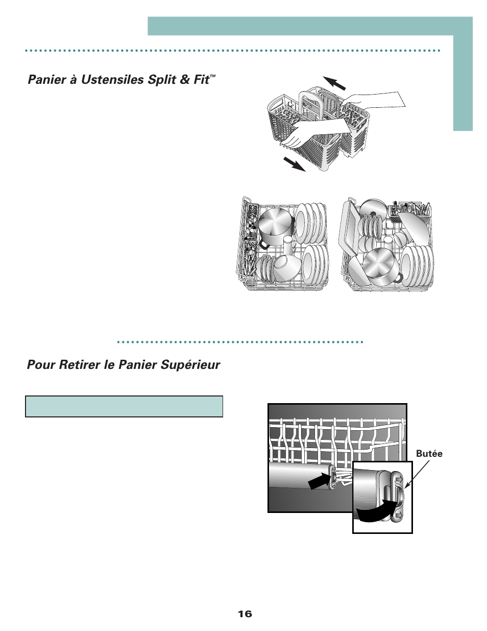 Pour retirer le panier supérieur, Panier à ustensiles split & fit | Maytag MDB6650AWW User Manual | Page 17 / 36