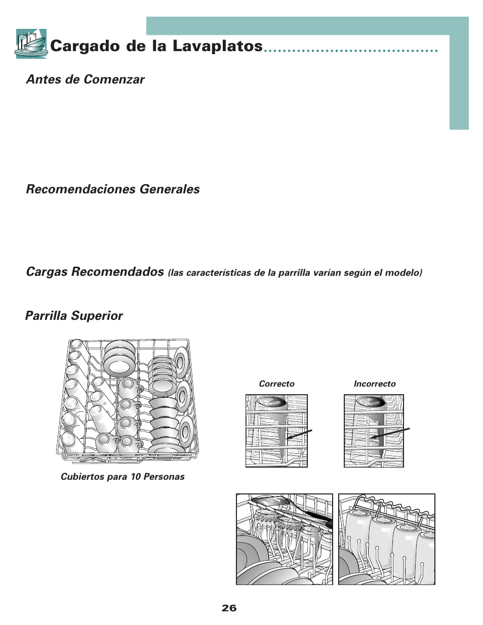 Cargado de la lavaplatos, Antes de comenzar, Recomendaciones generales | Cargas recomendados, Parrilla superior | Maytag MDB6650AWW User Manual | Page 27 / 36
