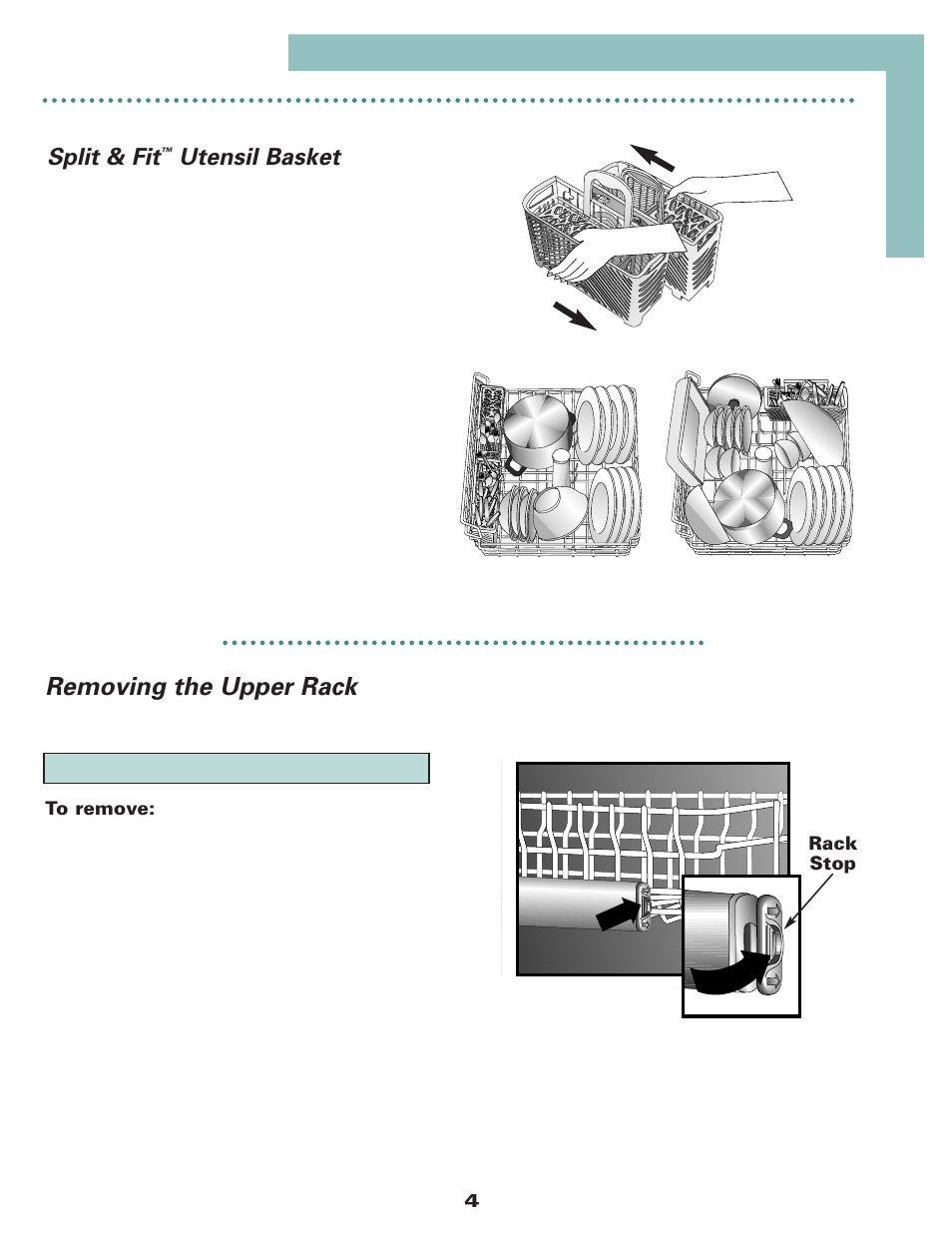 Removing the upper rack, Split & fit, Utensil basket | Maytag MDB6650AWW User Manual | Page 5 / 36