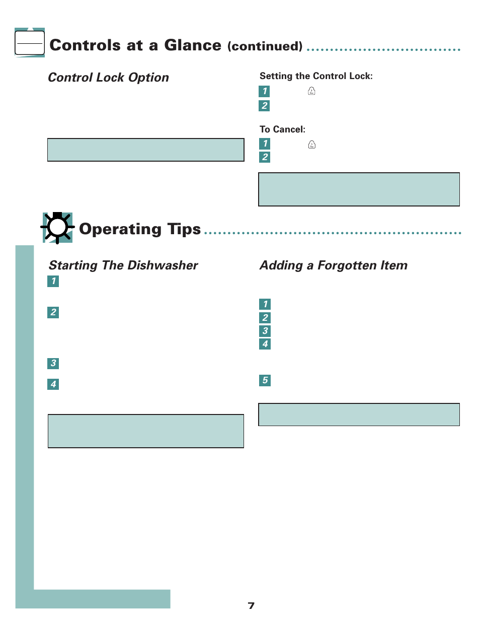 Operating tips, Controls at a glance, Control lock option | Starting the dishwasher, Adding a forgotten item, Continued) | Maytag MDB6650AWW User Manual | Page 8 / 36