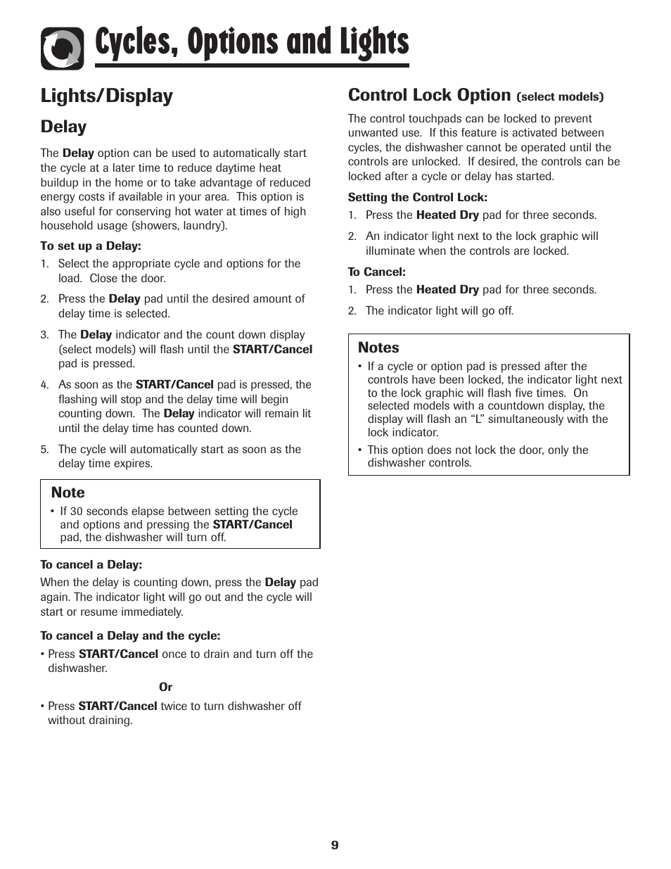 Cycles, options and lights, Lights/display, Delay | Control lock option | Maytag MDBH970AWB User Manual | Page 10 / 48