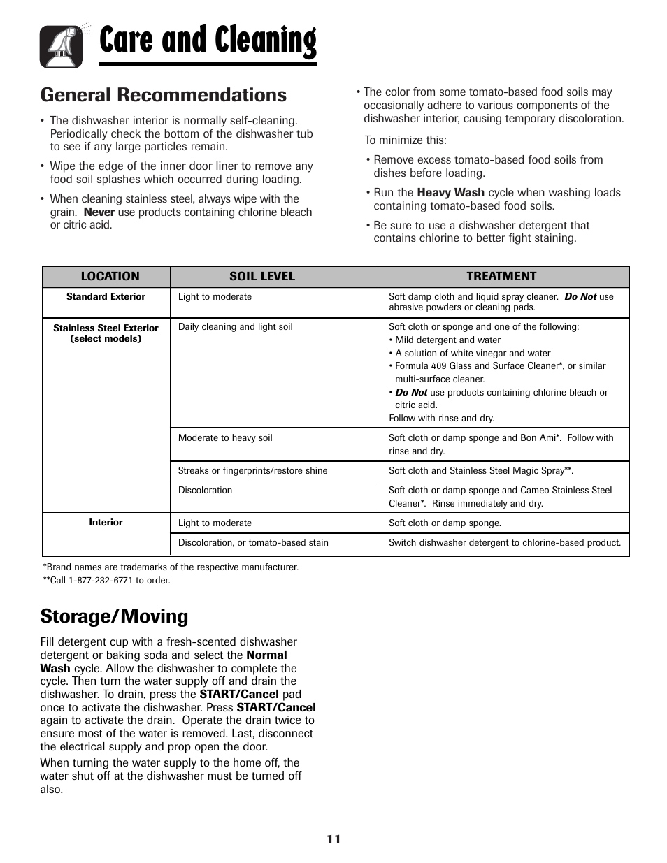 Care and cleaning, General recommendations, Storage/moving | Maytag MDBH970AWB User Manual | Page 12 / 48