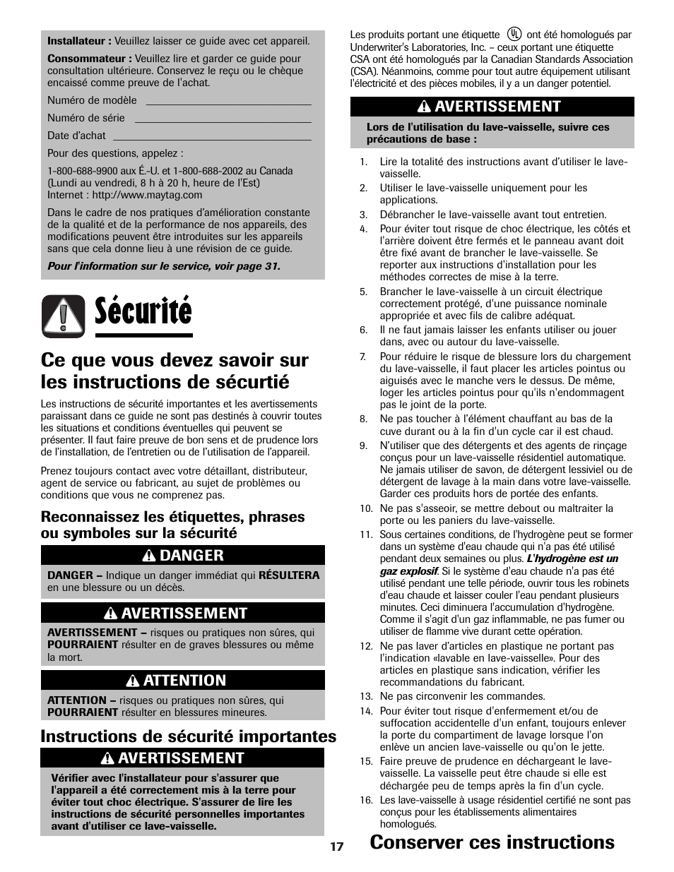 Sécurité, Conserver ces instructions, Instructions de sécurité importantes | Danger, Avertissement, Attention | Maytag MDBH970AWB User Manual | Page 18 / 48
