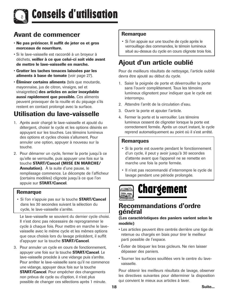 Conseils d'utilisation chargement, Avant de commencer, Utilisation du lave-vaisselle | Ajout d’un article oublié, Recommandations d’ordre général | Maytag MDBH970AWB User Manual | Page 19 / 48