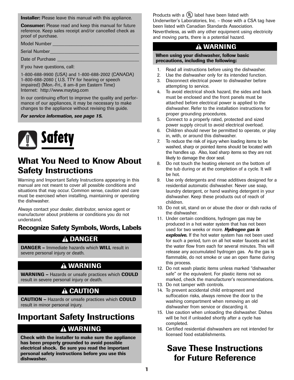Safety, What you need to know about safety instructions, Save these instructions for future reference | Important safety instructions, Danger, Warning, Caution, Recognize safety symbols, words, labels | Maytag MDBH970AWB User Manual | Page 2 / 48