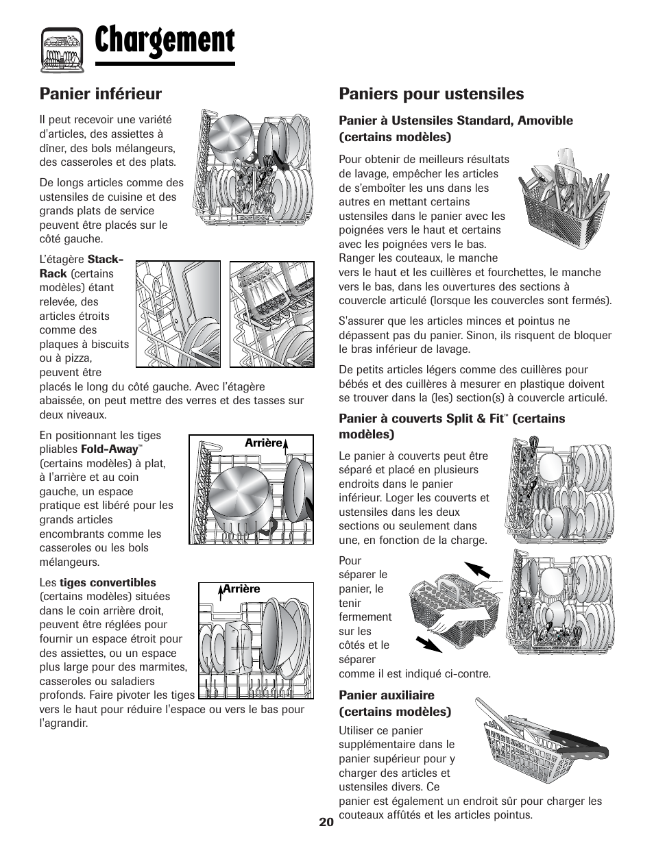 Chargement, Panier inférieur, Paniers pour ustensiles | Maytag MDBH970AWB User Manual | Page 21 / 48