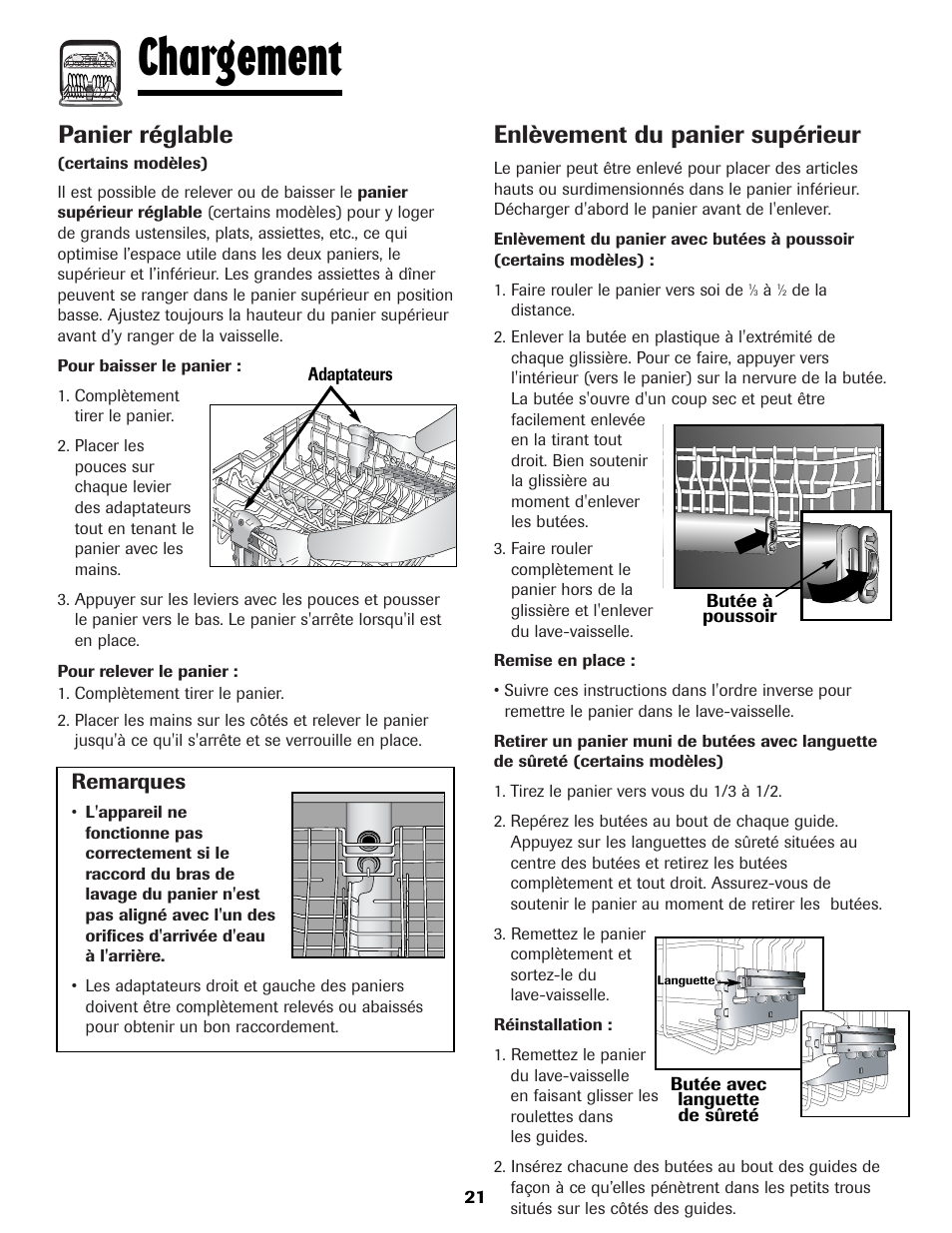 Chargement, Panier réglable, Enlèvement du panier supérieur | Remarques | Maytag MDBH970AWB User Manual | Page 22 / 48