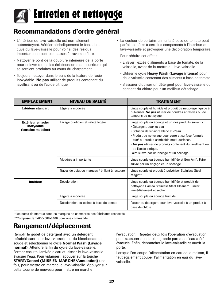 Entretien et nettoyage, Rangement/déplacement, Recommandations d’ordre général | Maytag MDBH970AWB User Manual | Page 28 / 48