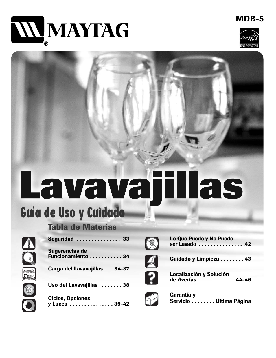 Guía de uso y cuidado, Tabla de materias, Mdb-5 | Maytag MDBH970AWB User Manual | Page 33 / 48