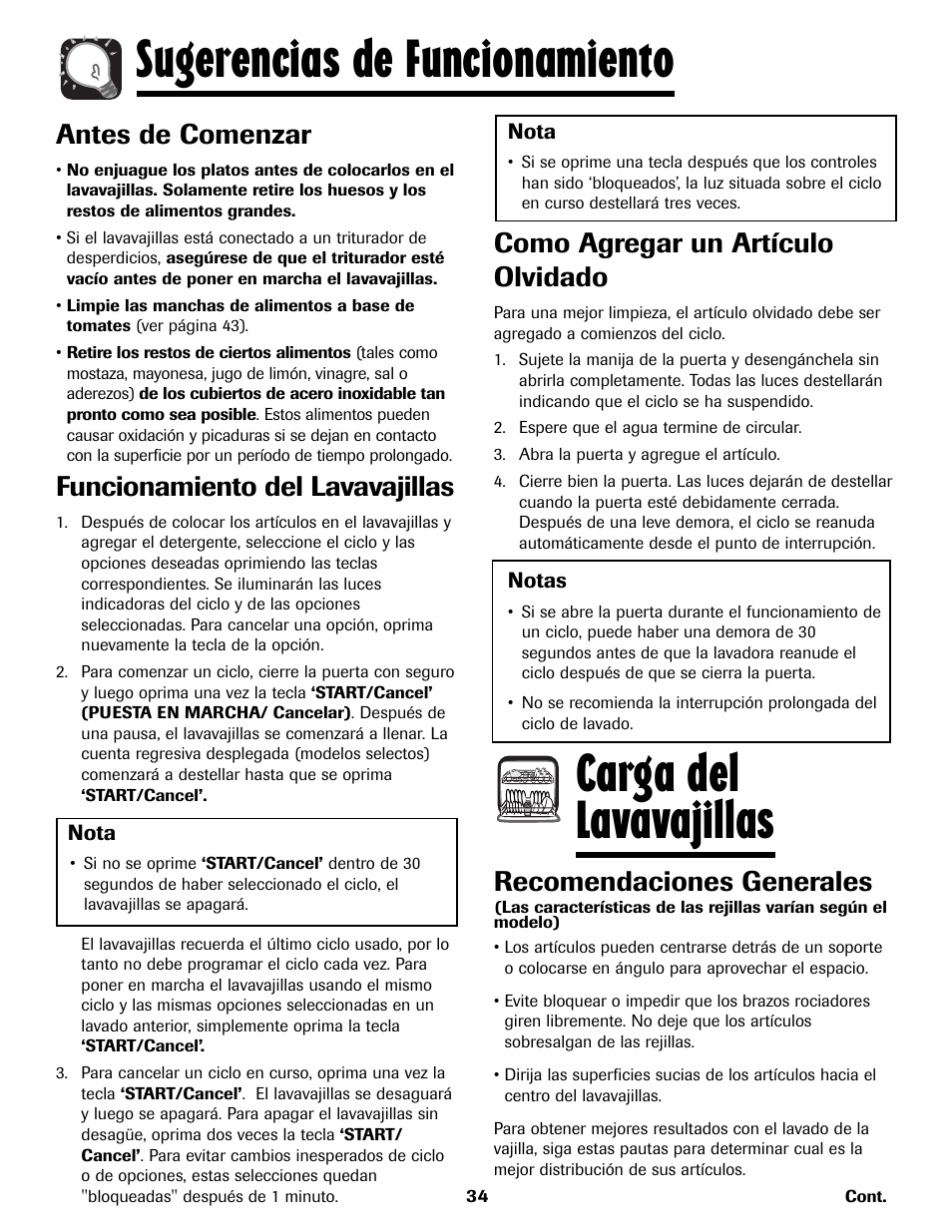 Antes de comenzar, Funcionamiento del lavavajillas, Como agregar un artículo olvidado | Recomendaciones generales | Maytag MDBH970AWB User Manual | Page 35 / 48