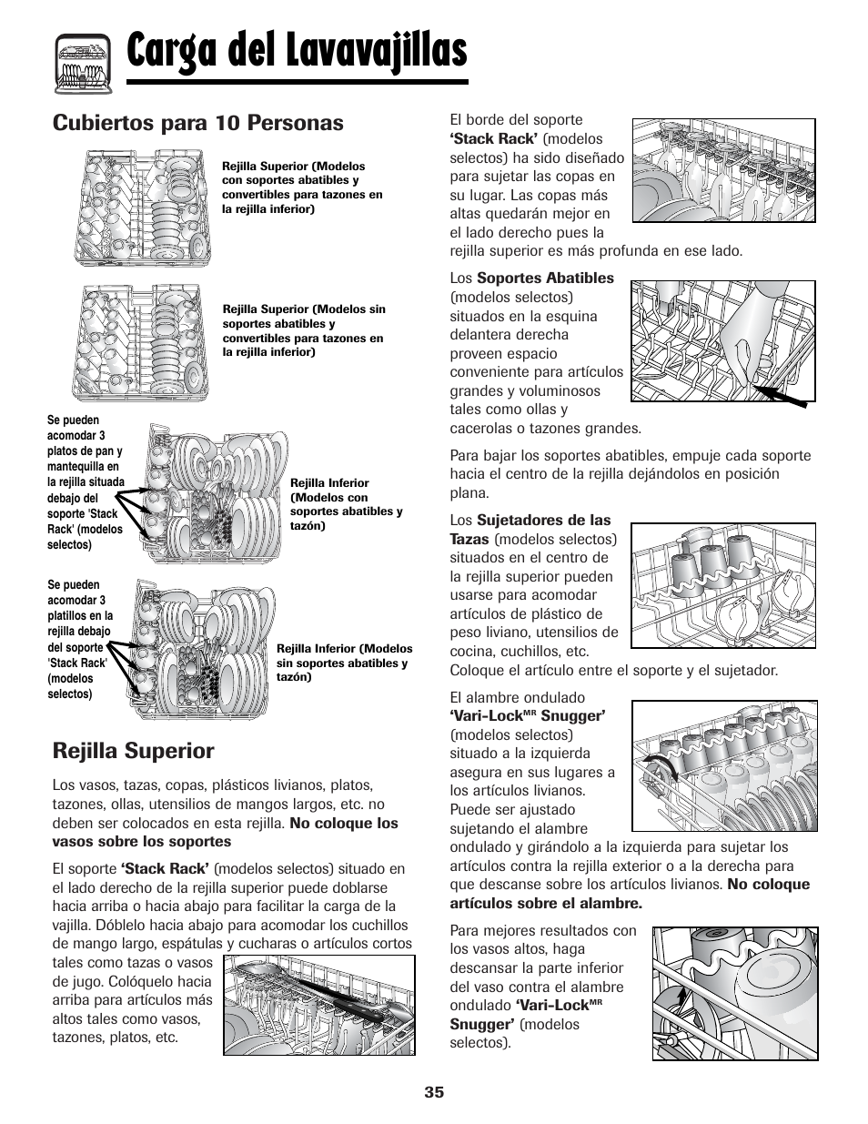 Carga del lavavajillas, Cubiertos para 10 personas rejilla superior | Maytag MDBH970AWB User Manual | Page 36 / 48